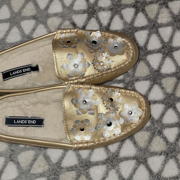 Lands End Faux Fur Lined Loafer Slip On Metallic Snowflake Slipper Shoes Size 7 - Picture 7 of 12